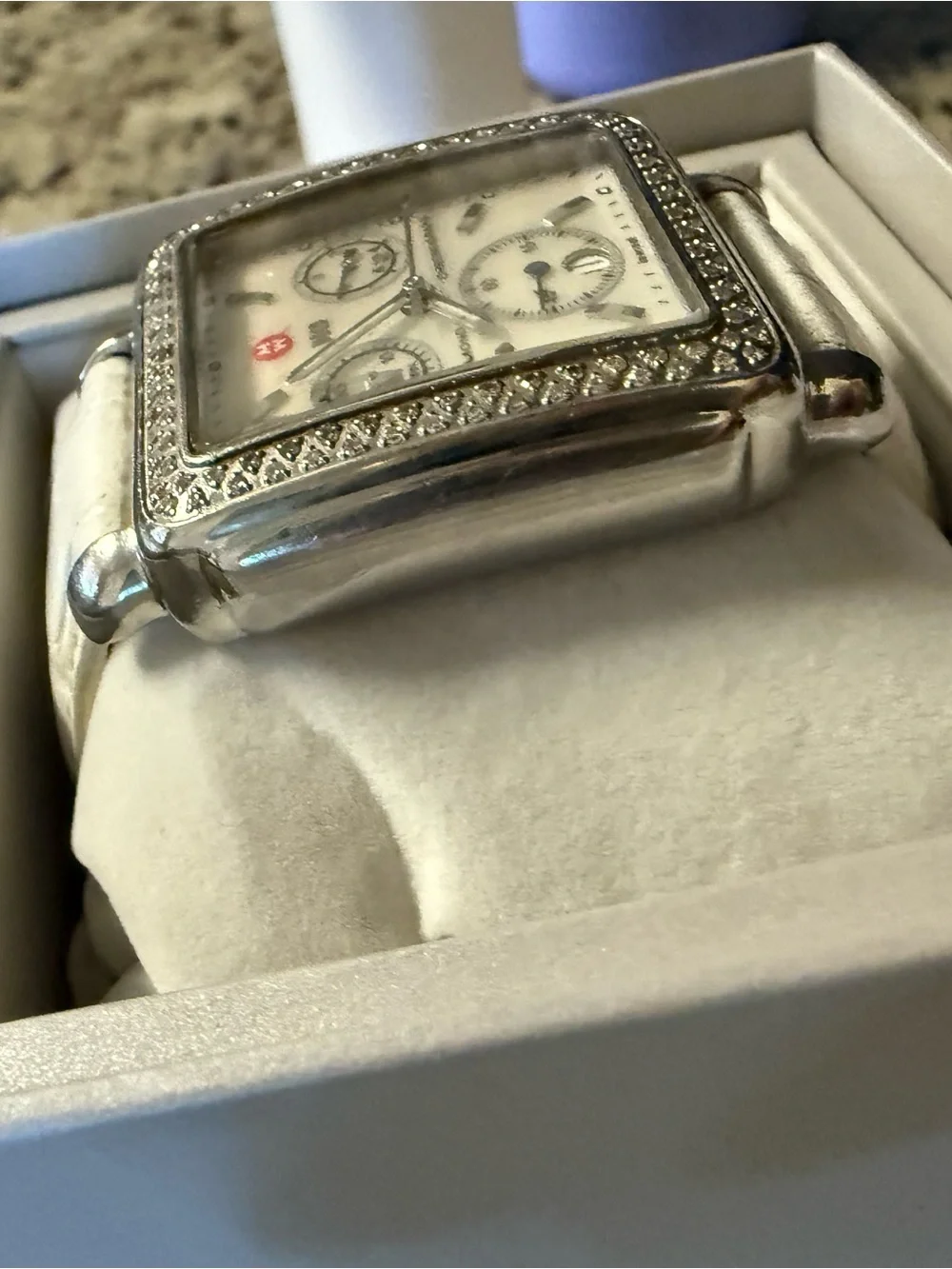 Michele White Diamond-Accented Square Chronograph Watch